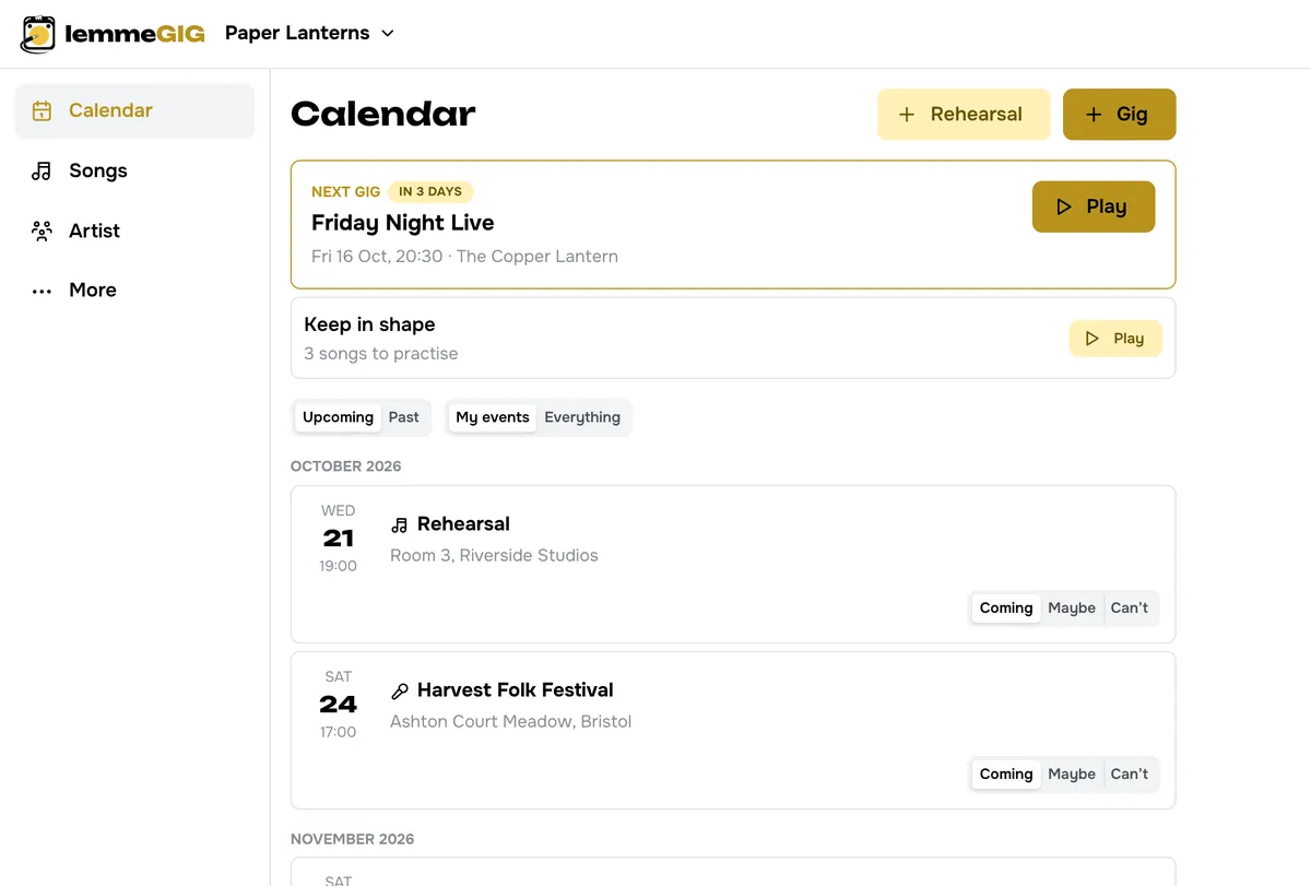 LemmeGIG on a laptop: the calendar with the next gig and upcoming rehearsals