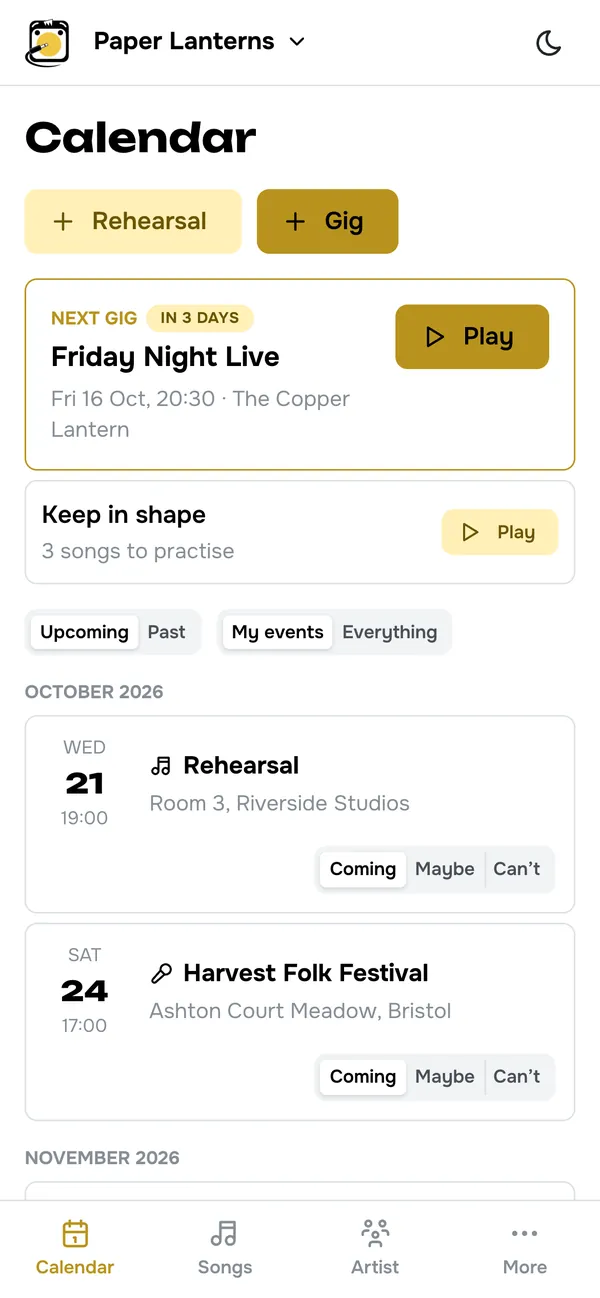 The calendar on a phone: the next gig at the top, then rehearsals and gigs with Coming / Maybe / Can’t buttons