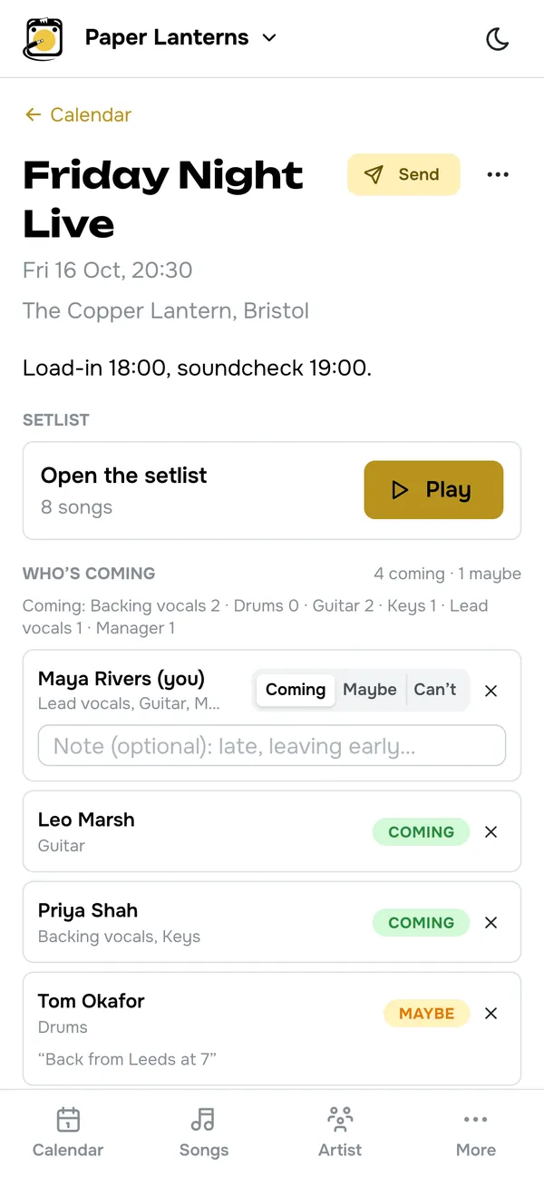A gig page: setlist, and who’s coming with each member’s answer