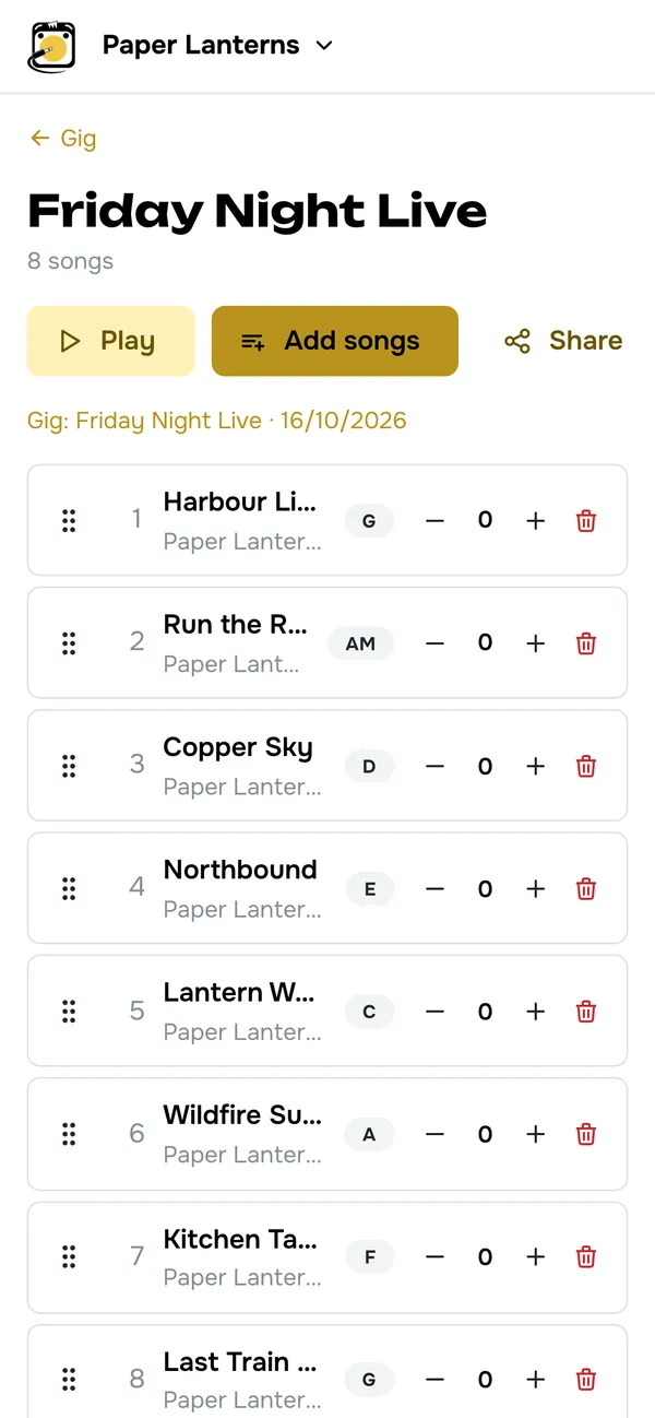 A setlist with eight songs, each with its key and a transpose control