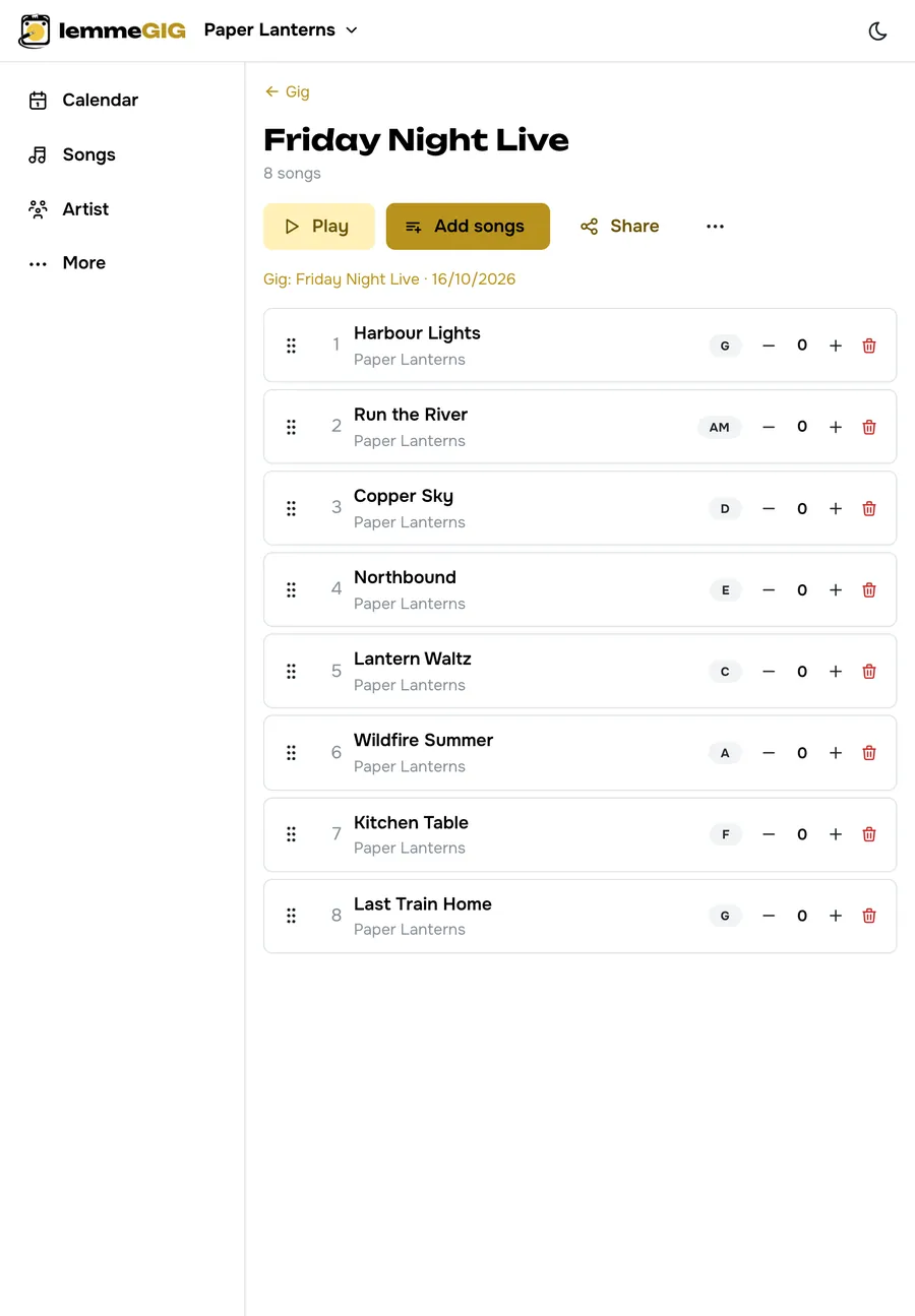 A setlist on a tablet, with play, add songs and share buttons